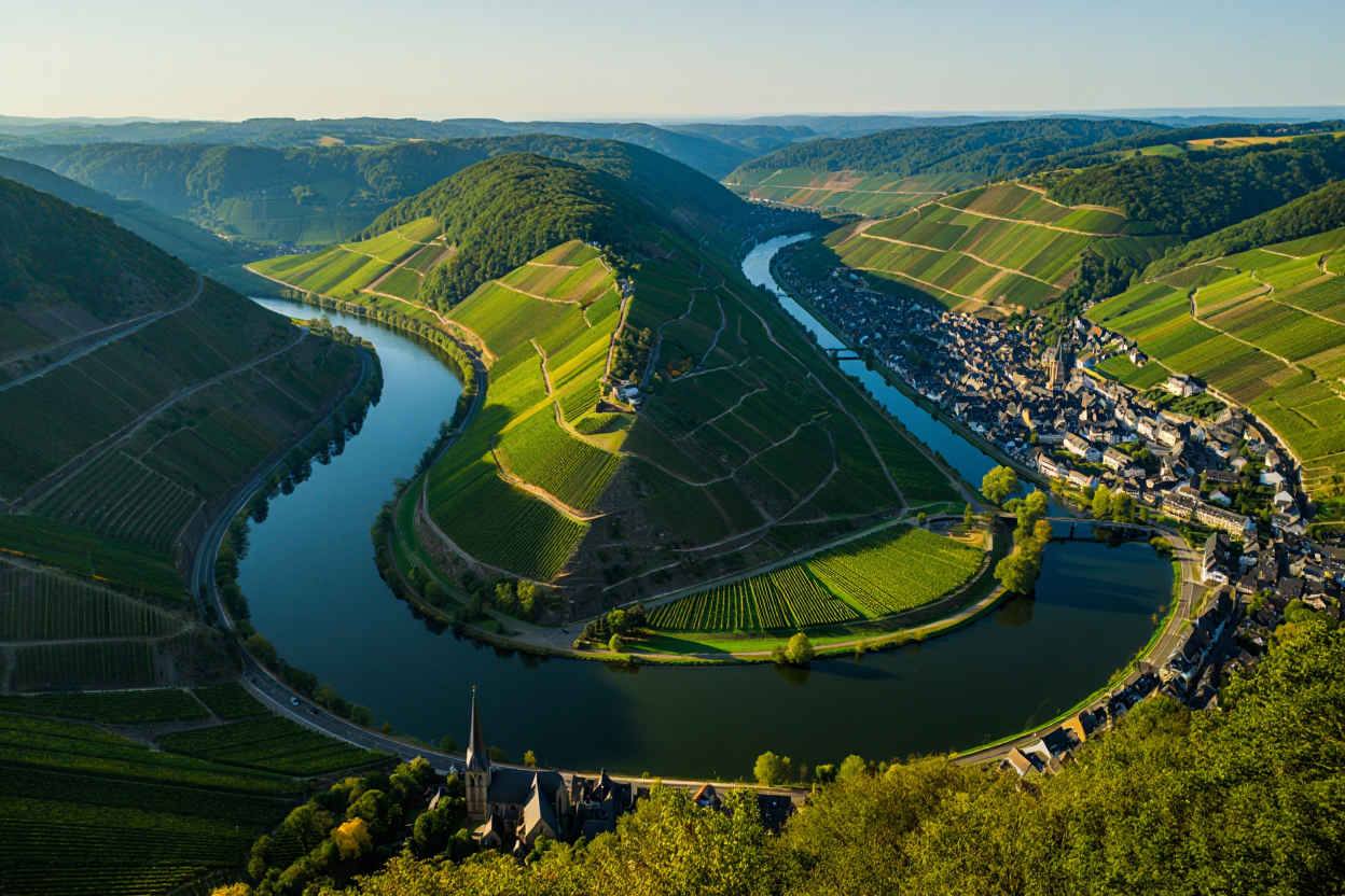 Die Mosel schlängelt sich durch grüne Weinberge und mittelalterliche Dörfer in Rheinland-Pfalz