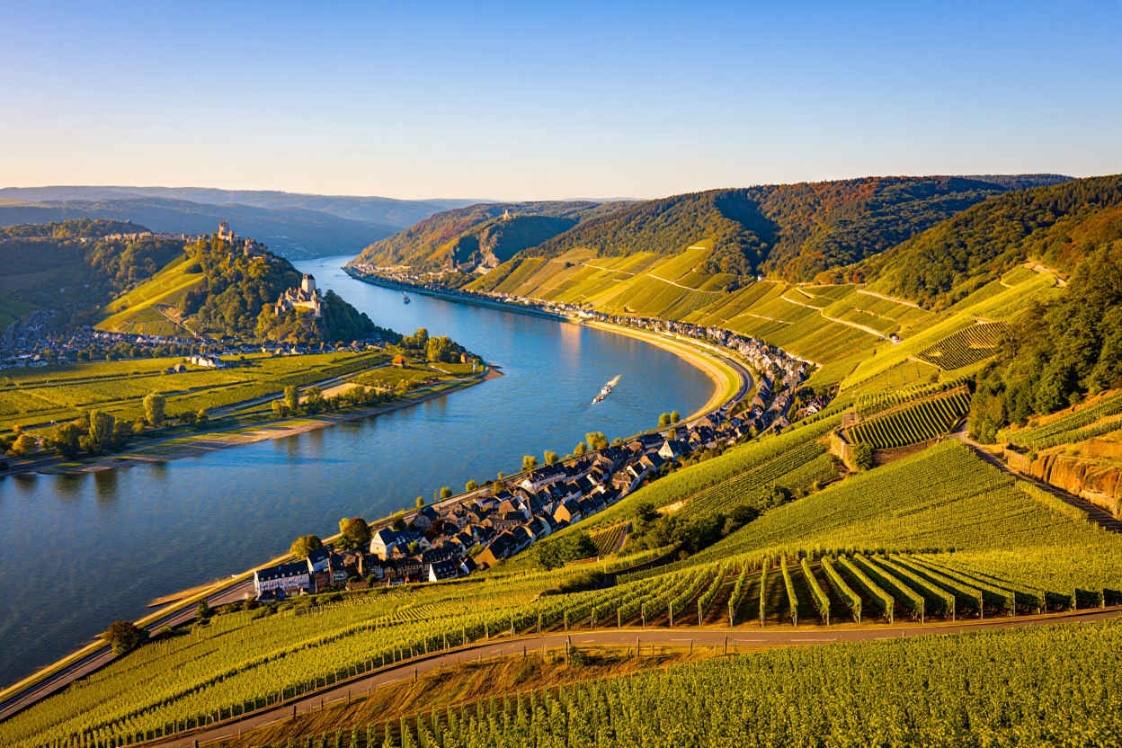 Das romantische Rheintal mit Weinbergen, mittelalterlichen Burgen und dem breiten Fluss