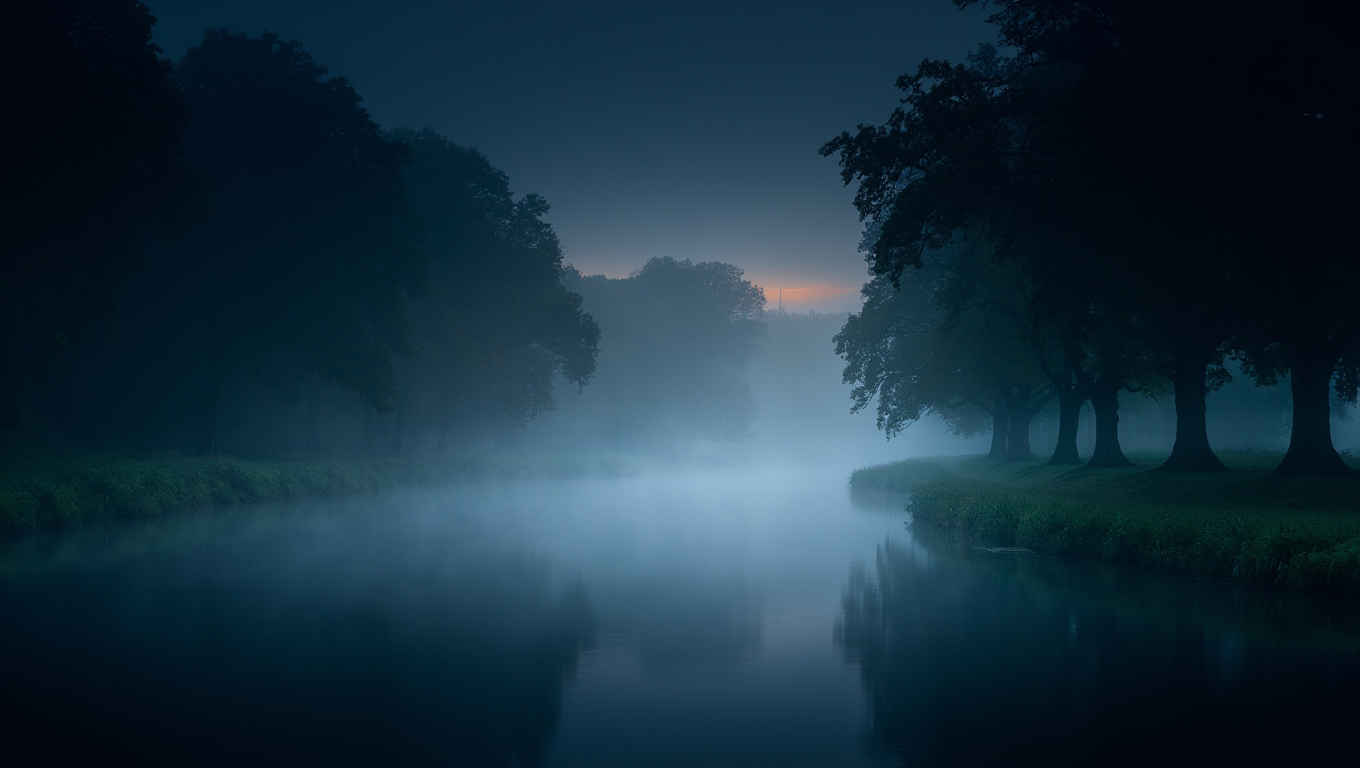 Nebel über einem deutschen Flusstal bei Sonnenaufgang — atmosphärische Naturstimmung